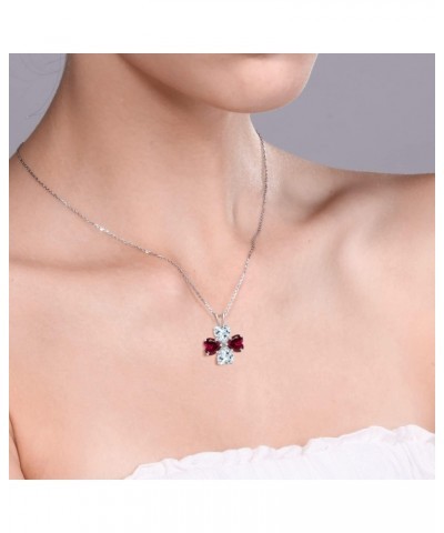 925 Sterling Silver Sky Blue Aquamarine and Red Created Ruby 4 Heart Shape Gemstone March Birthstone Pendant Necklace For Wom...