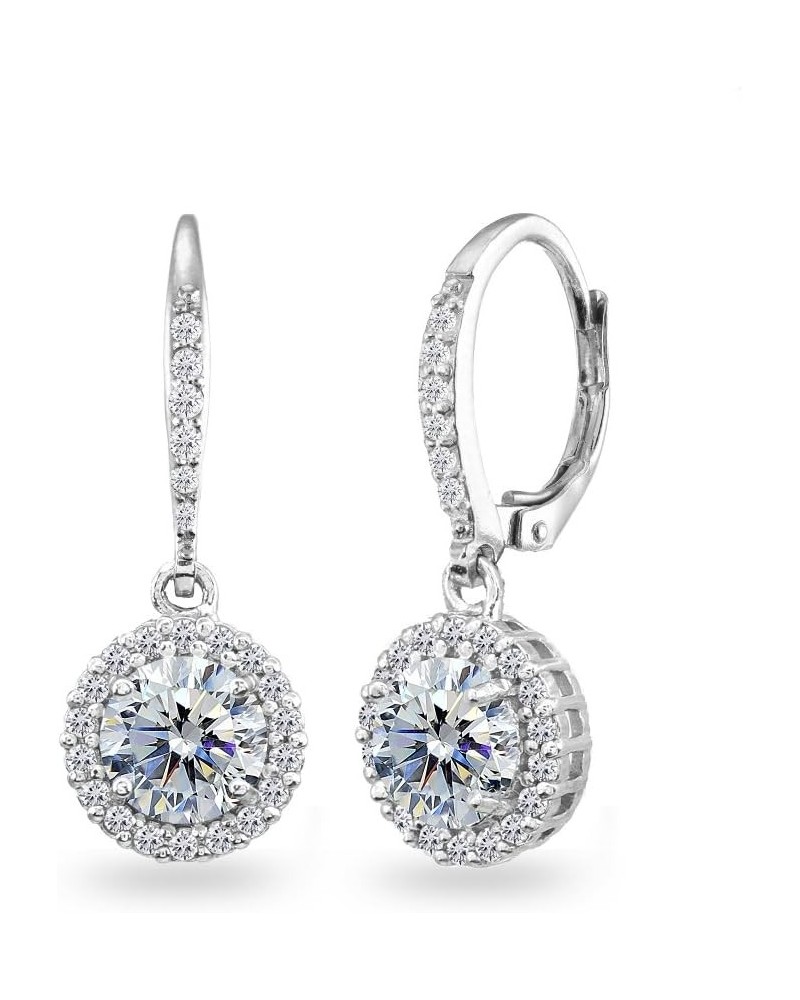 Sterling Silver Round Halo Dangle Leverback Earrings Made with European Crystals April - Clear $25.19 Earrings