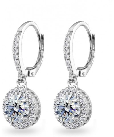 Sterling Silver Round Halo Dangle Leverback Earrings Made with European Crystals April - Clear $25.19 Earrings