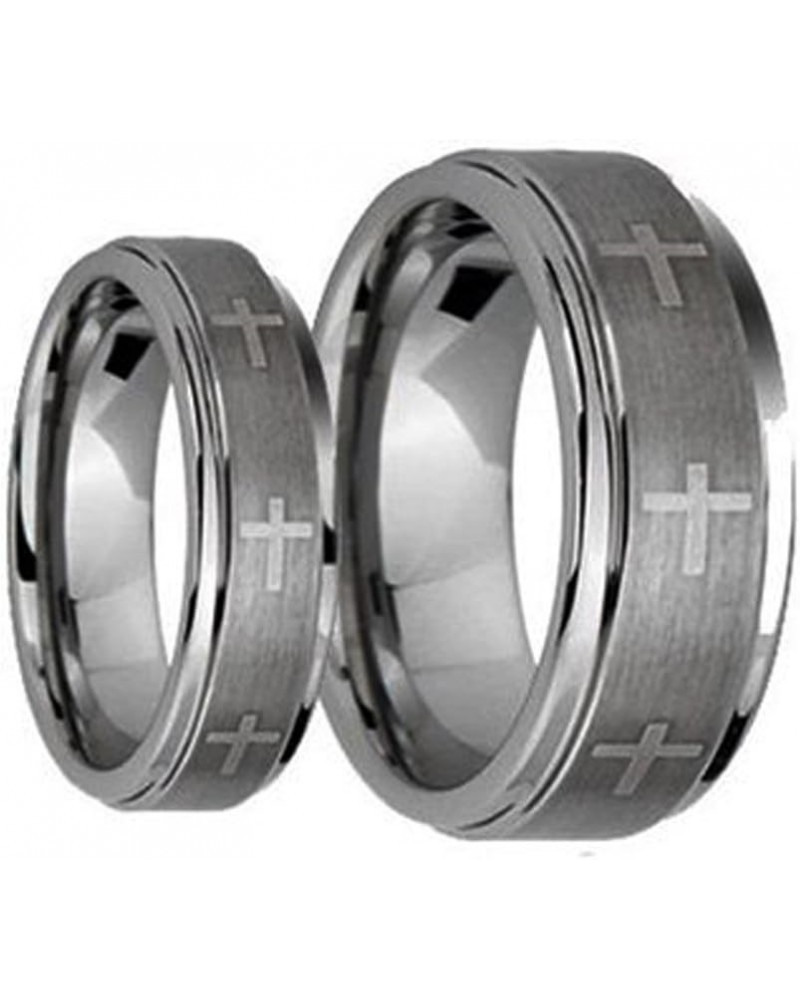 His & Her's 8MM/6MM Brushed Center With Laser Cross Engraved Shiny Edge Tungsten Carbide Wedding Band Ring Set, Sizes 5-15 In...