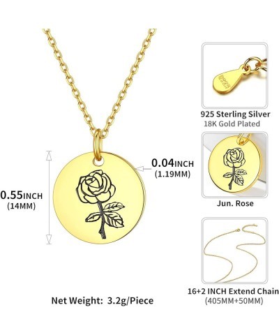 Women Birth Month Flower Necklace 925 Sterling Silver Dainty Engraved Floral Disc Coin Pendant Personalized Jewelry, Silver/G...