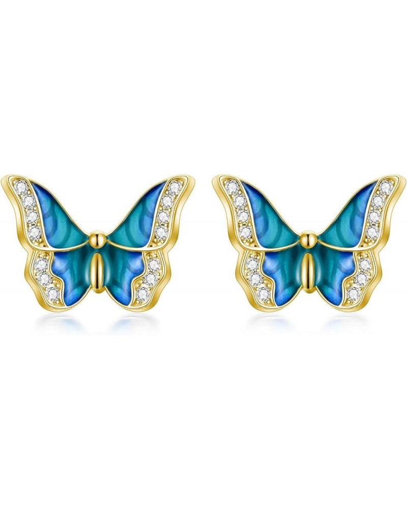 Sterling Silver Enamel Butterfly Earrings for Women Girl Sensitive Ears Blue - Gold Plated $24.18 Earrings