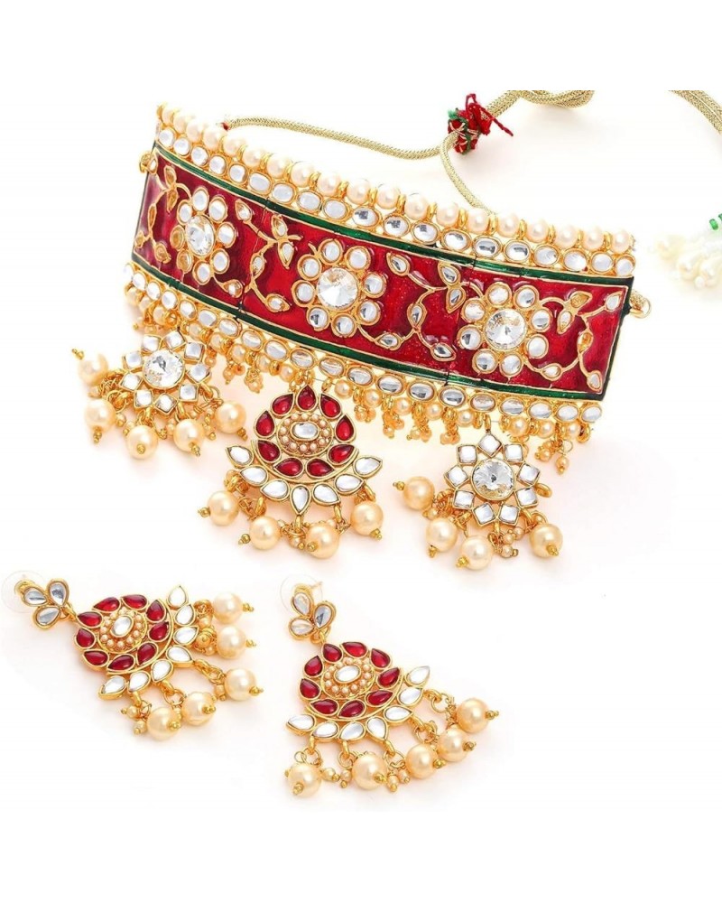 Bollywood Traditional Indian Wedding Gold Plated Red Meena Hasli Set for women/girls Style-1 $9.46 Jewelry Sets