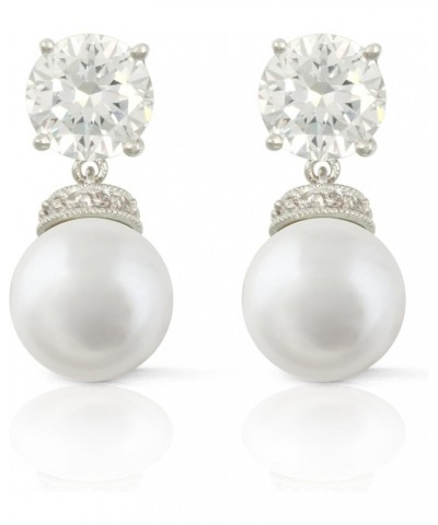 Rhodium Plated Cubic Zirconia Simulated Pearl Dangle Earrings $10.39 Earrings