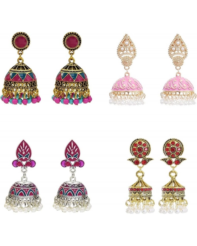 Gypsy Indian Bell Dangle Earrings Set - Retro 4pair/set Round Bell Tassel Hollow Jhumka Earrings for Women A $11.50 Earrings