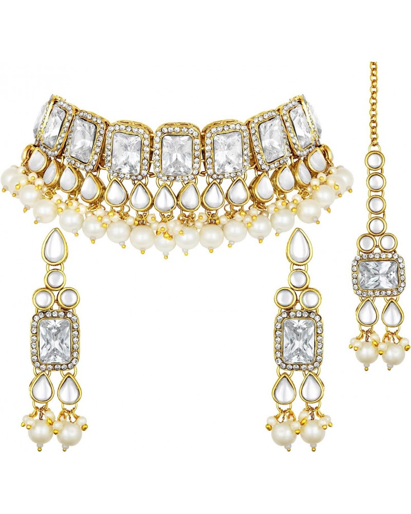 Traditional Faux Stone Nekclace Earrings Maang Tikka Bollywood Wedding Party Jewelry Set for Women (White) $19.24 Jewelry Sets