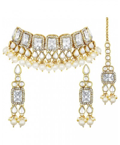 Traditional Faux Stone Nekclace Earrings Maang Tikka Bollywood Wedding Party Jewelry Set for Women (White) $19.24 Jewelry Sets