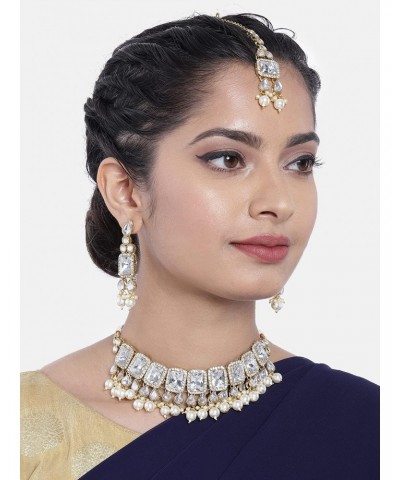 Traditional Faux Stone Nekclace Earrings Maang Tikka Bollywood Wedding Party Jewelry Set for Women (White) $19.24 Jewelry Sets