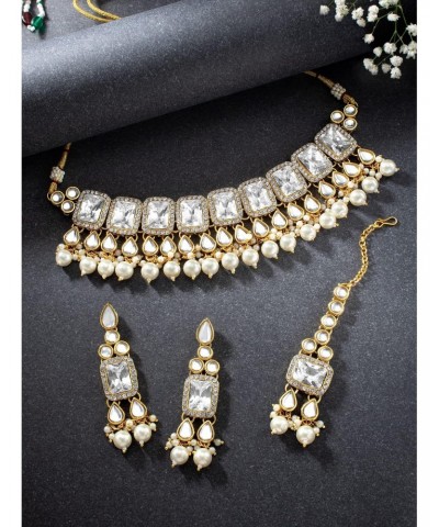 Traditional Faux Stone Nekclace Earrings Maang Tikka Bollywood Wedding Party Jewelry Set for Women (White) $19.24 Jewelry Sets