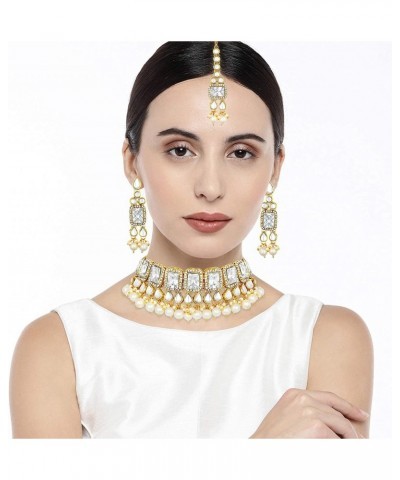 Traditional Faux Stone Nekclace Earrings Maang Tikka Bollywood Wedding Party Jewelry Set for Women (White) $19.24 Jewelry Sets