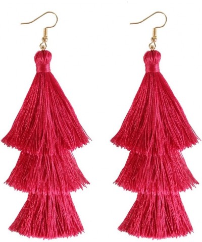 Tassel Earrings Tiered Thread Tassel Dangle Earrings Statement Layered Tassel Drop Earrings 3 layers hot pink $8.82 Earrings