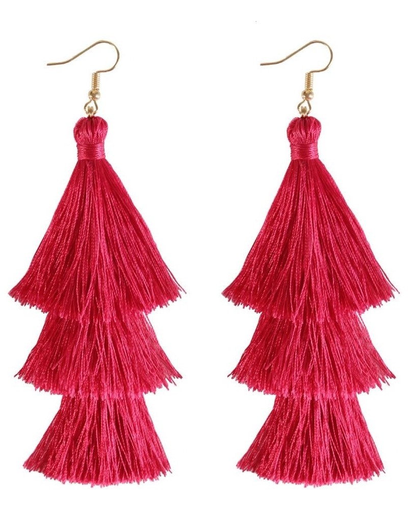 Tassel Earrings Tiered Thread Tassel Dangle Earrings Statement Layered Tassel Drop Earrings 3 layers hot pink $8.82 Earrings