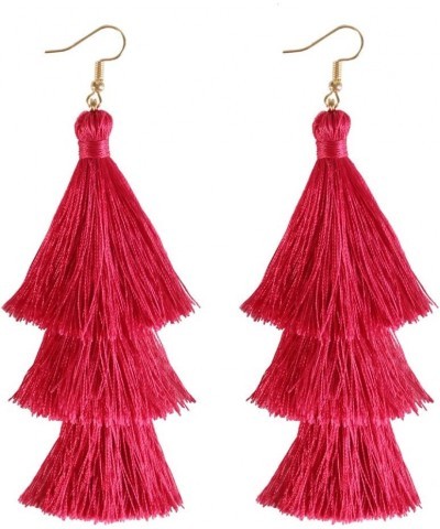 Tassel Earrings Tiered Thread Tassel Dangle Earrings Statement Layered Tassel Drop Earrings 3 layers hot pink $8.82 Earrings