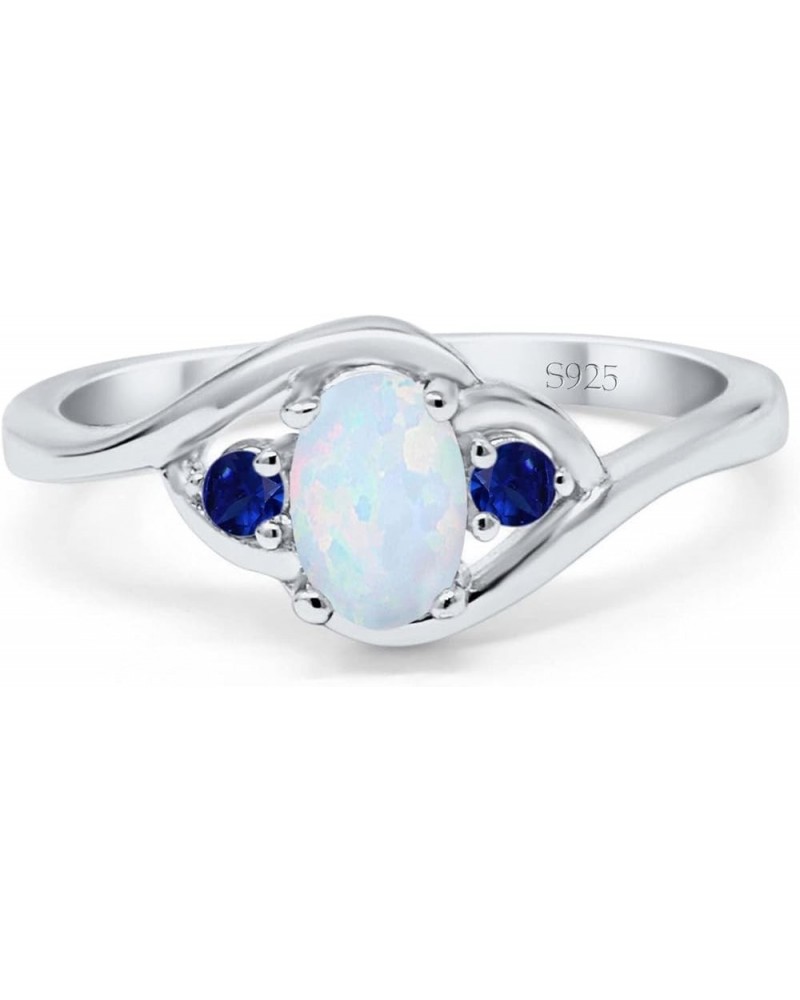 Three Stone Engagement Ring Oval Cut Round Simulated Blue Sapphire Cubic Zirconia 925 Sterling Silver Lab Created White Opal ...