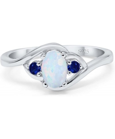 Three Stone Engagement Ring Oval Cut Round Simulated Blue Sapphire Cubic Zirconia 925 Sterling Silver Lab Created White Opal ...