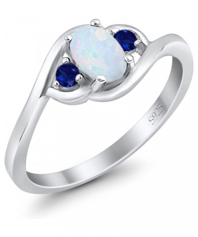 Three Stone Engagement Ring Oval Cut Round Simulated Blue Sapphire Cubic Zirconia 925 Sterling Silver Lab Created White Opal ...