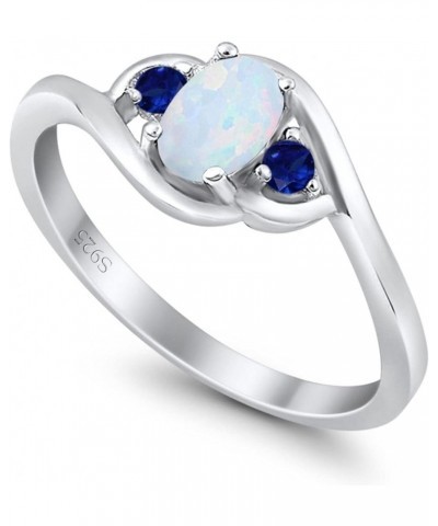 Three Stone Engagement Ring Oval Cut Round Simulated Blue Sapphire Cubic Zirconia 925 Sterling Silver Lab Created White Opal ...