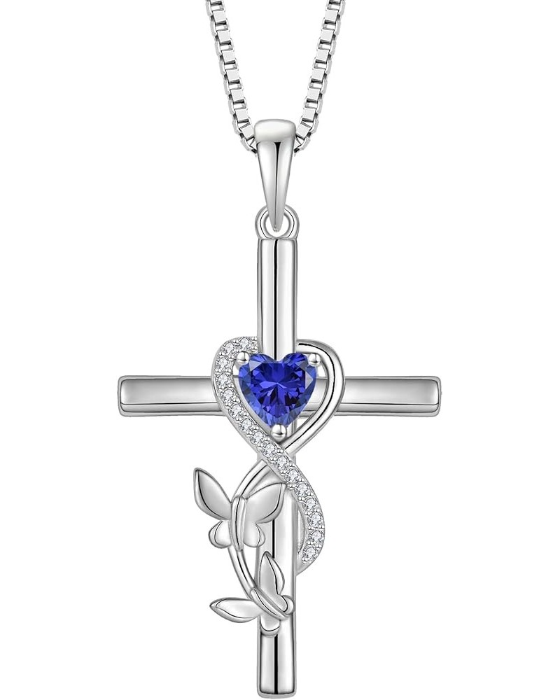 Butterfly Cross Necklace 925 Sterling Silver Crucifix Pendant Heart Birthstone Religious Jewelry for Women 09-sapphire-Sept $...