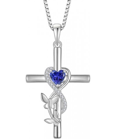 Butterfly Cross Necklace 925 Sterling Silver Crucifix Pendant Heart Birthstone Religious Jewelry for Women 09-sapphire-Sept $...