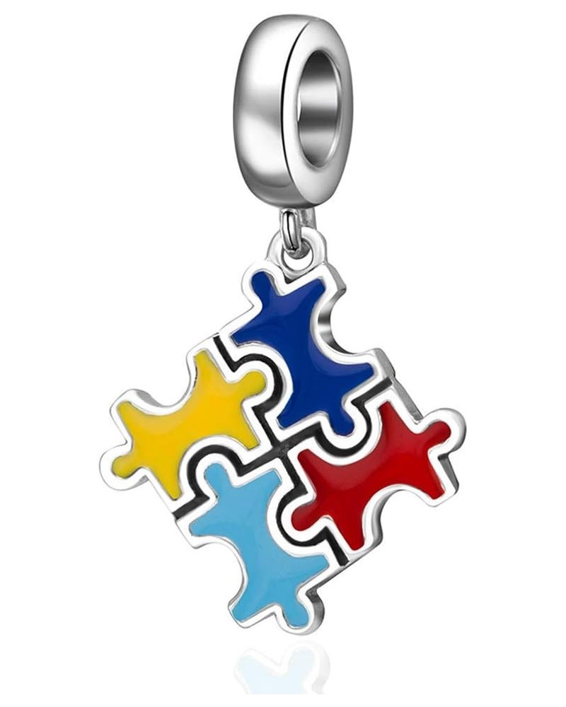 Autism Awareness Charms, 925 Sterling Silver Puzzle Pieces Enamel Charms, I Love You to The Moon and Back Dangle Beads, fit E...