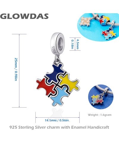 Autism Awareness Charms, 925 Sterling Silver Puzzle Pieces Enamel Charms, I Love You to The Moon and Back Dangle Beads, fit E...