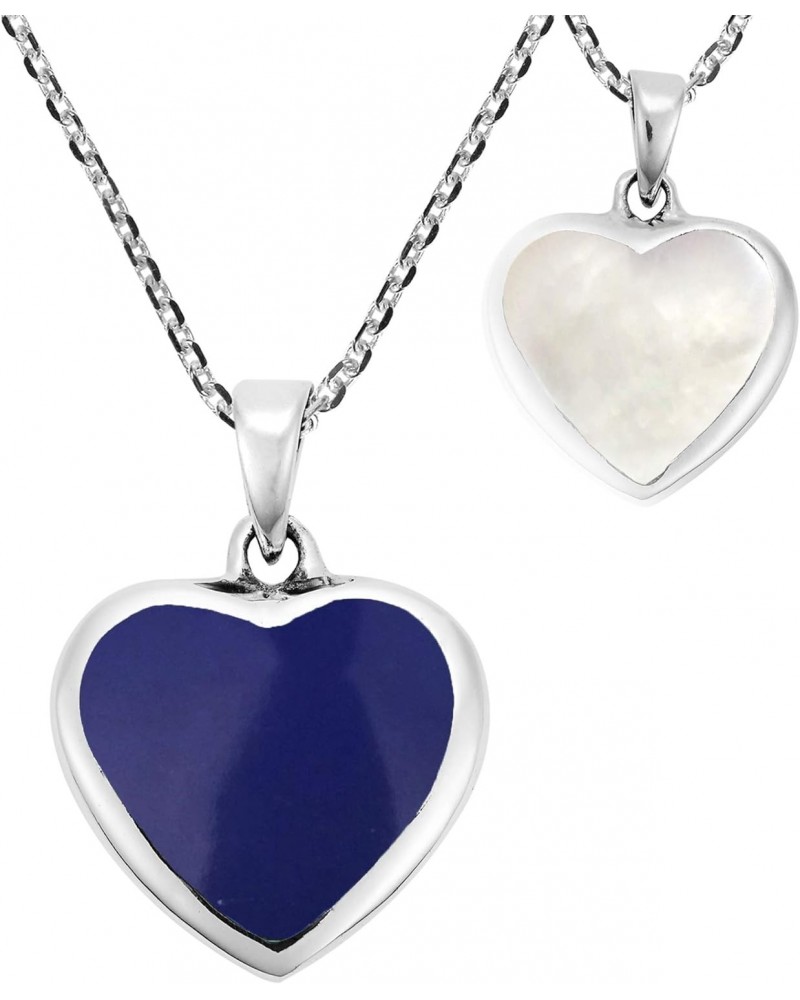 Love Forever Double-Sided Heart with Blue Lapis Stone .925 Sterling Silver Necklace | Blue Stone Necklace | White Heart Neckl...