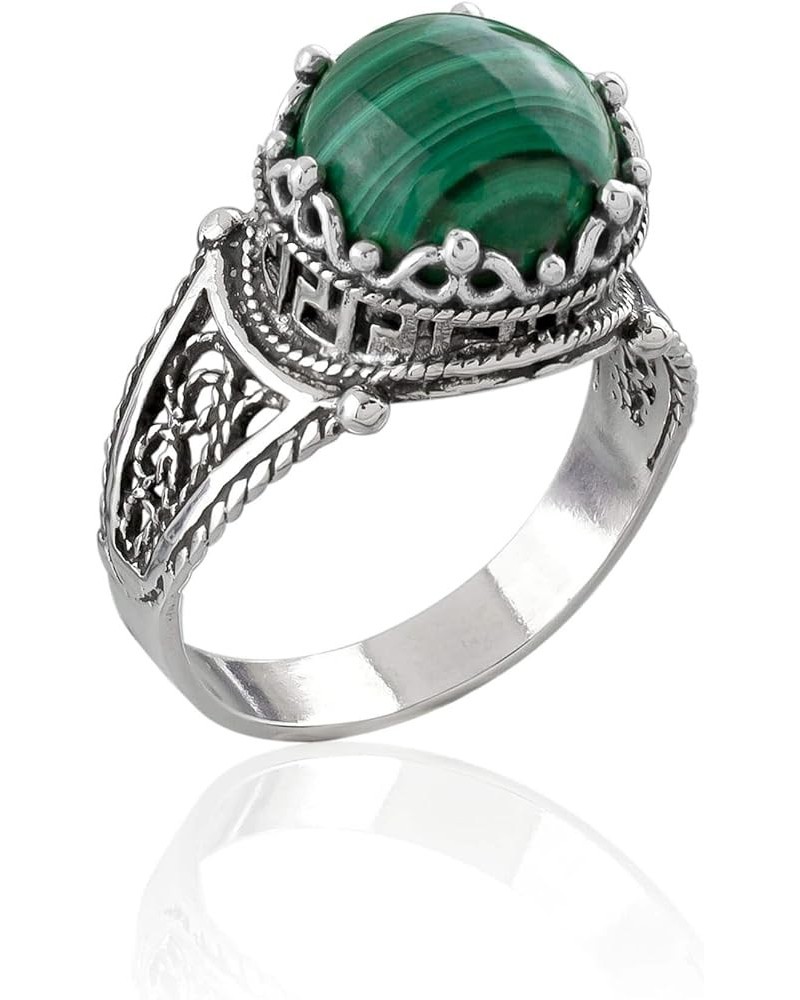 925 Sterling Silver Filigree Art Meander Greek Key Figured Everyday Use Woman Cocktail Ring, Gift Boxed Malachite $22.94 Rings