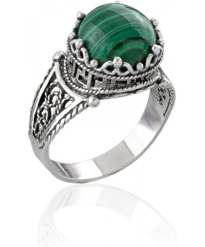 925 Sterling Silver Filigree Art Meander Greek Key Figured Everyday Use Woman Cocktail Ring, Gift Boxed Malachite $22.94 Rings