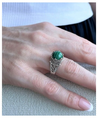 925 Sterling Silver Filigree Art Meander Greek Key Figured Everyday Use Woman Cocktail Ring, Gift Boxed Malachite $22.94 Rings