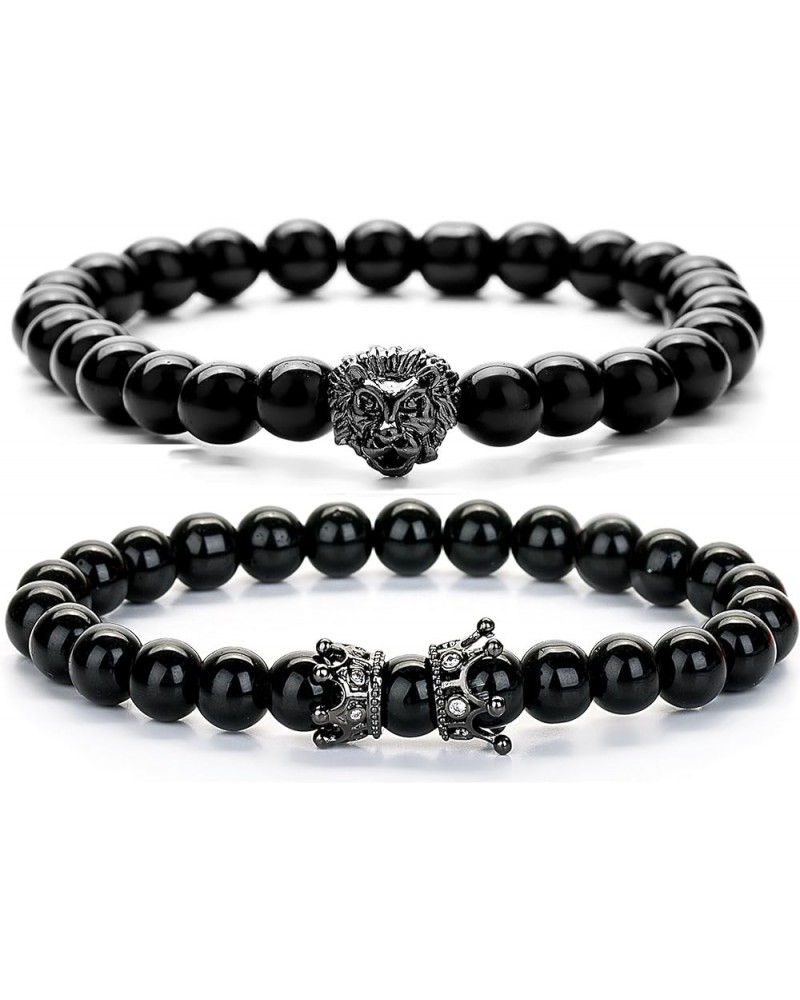 Beads Bracelet Set for Men with Black Onxy Crown Tiger Head Charm Handmade Jewelry Black $9.71 Bracelets