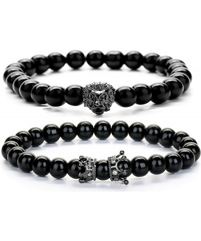 Beads Bracelet Set for Men with Black Onxy Crown Tiger Head Charm Handmade Jewelry Black $9.71 Bracelets