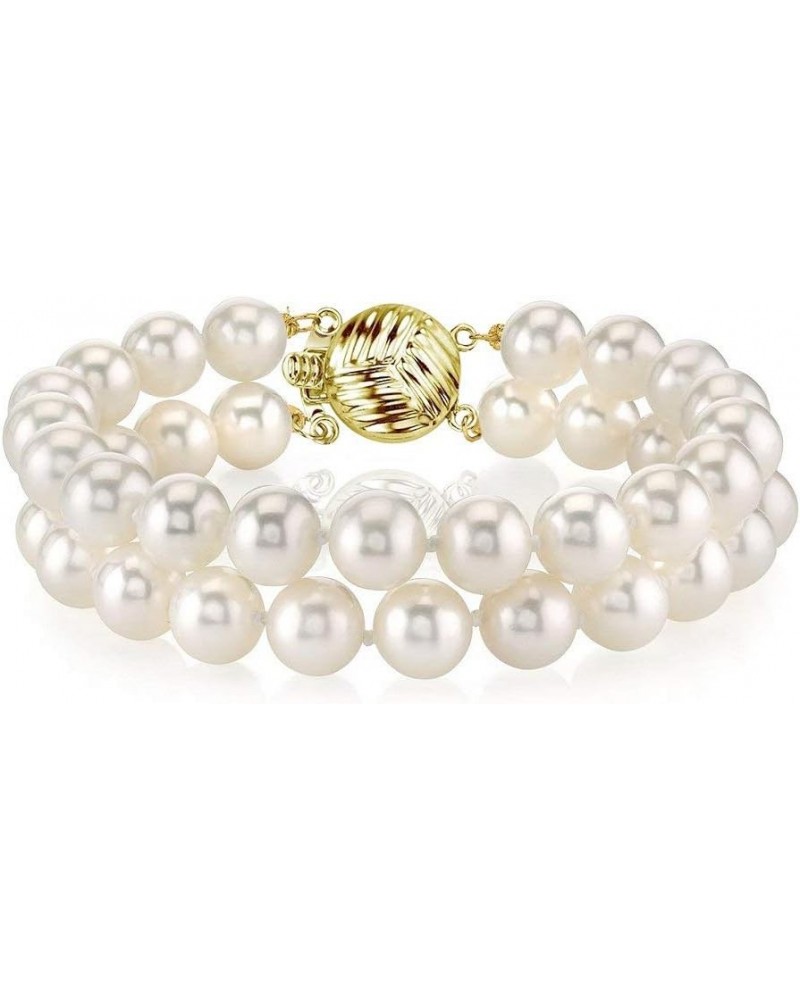 14K Gold AAAA Quality Round White Freshwater Cultured Pearl Double Strand Bracelet for Women 7.0 Inches 7.0mm $120.36 Bracelets