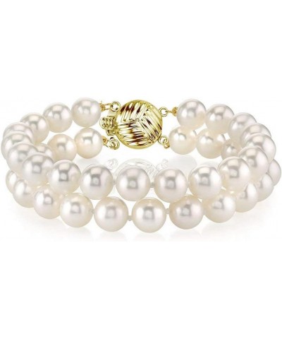 14K Gold AAAA Quality Round White Freshwater Cultured Pearl Double Strand Bracelet for Women 7.0 Inches 7.0mm $120.36 Bracelets