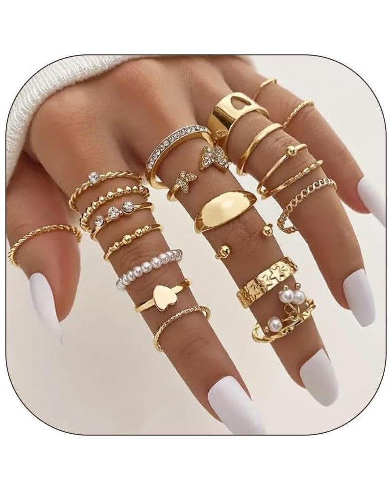 Gold Rings for Women Non Tarnish Stackable Knuckle Rings Set Boho Butterfly Leaf Pearl Rings Midi Pinky Rings Set Teen Girl G...