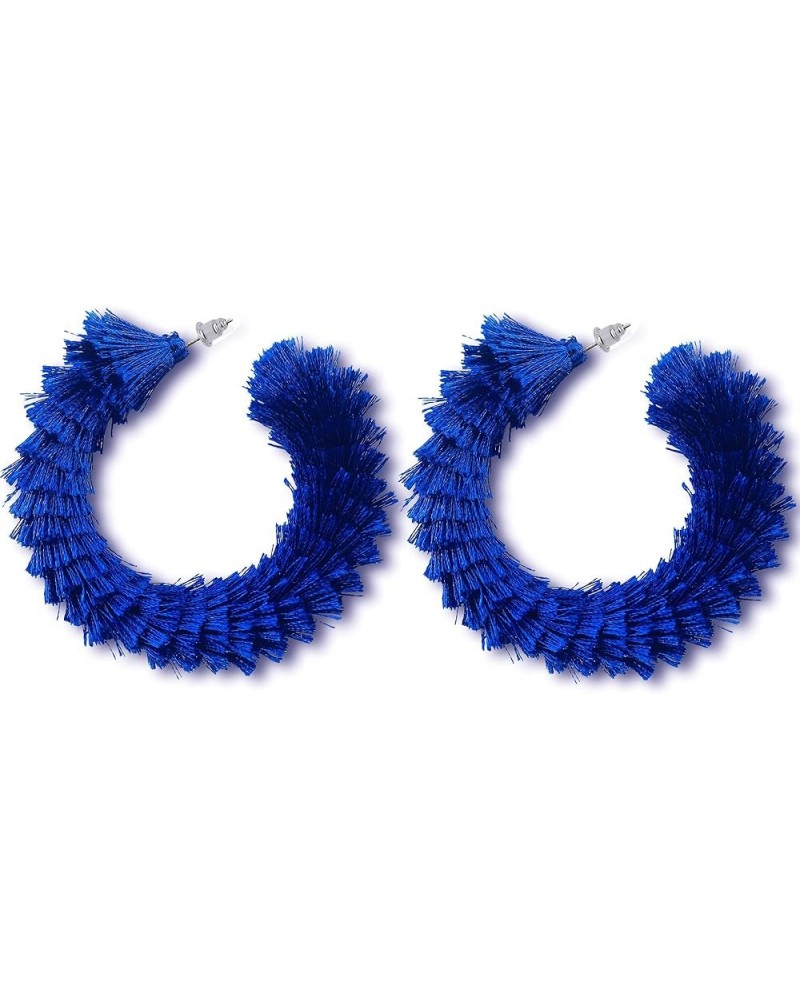 Women's Fashion Boho Soft Tassel Wrapped Hoop Earrings Royal Blue $9.43 Earrings