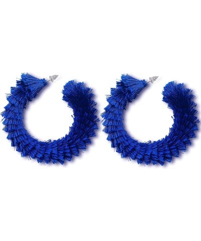 Women's Fashion Boho Soft Tassel Wrapped Hoop Earrings Royal Blue $9.43 Earrings