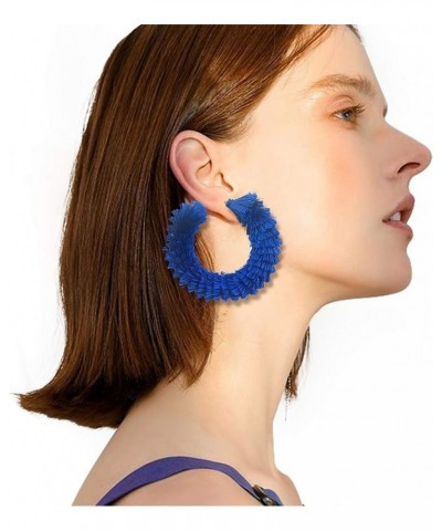 Women's Fashion Boho Soft Tassel Wrapped Hoop Earrings Royal Blue $9.43 Earrings