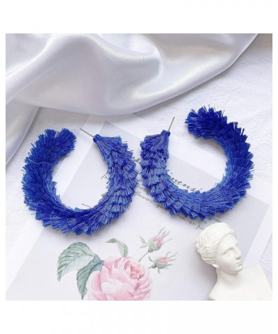 Women's Fashion Boho Soft Tassel Wrapped Hoop Earrings Royal Blue $9.43 Earrings