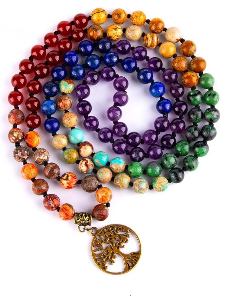 7 Chakra 108 Mala Beads Bracelet Real Healing Gemstone Yoga Meditation Hand Knotted Mala Prayer Bead Necklace 8mm Tree of Lif...