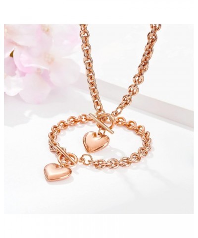 Heart Chain Necklace + Heart Bracelet for Women Girls Hearts Pendant Toggle Charm Jewelry Set Stainless Steel 18K Gold/Rose G...