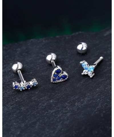 3Pcs Blue Butterfly Cartilage Earring Stud Set 16g Heart Helix Earring Stud Aque Blue Tragus Helix Piercing 6mm Screw Back He...