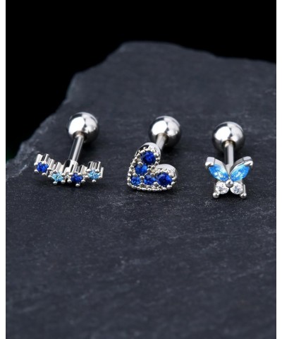 3Pcs Blue Butterfly Cartilage Earring Stud Set 16g Heart Helix Earring Stud Aque Blue Tragus Helix Piercing 6mm Screw Back He...