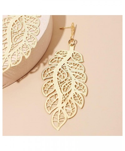 18k Gold Retro Feather Dangle Drop Earrings for Women Bohemian Jewelry Exaggerated Leaves Stud Earrings for Girl Gold-1 $8.09...