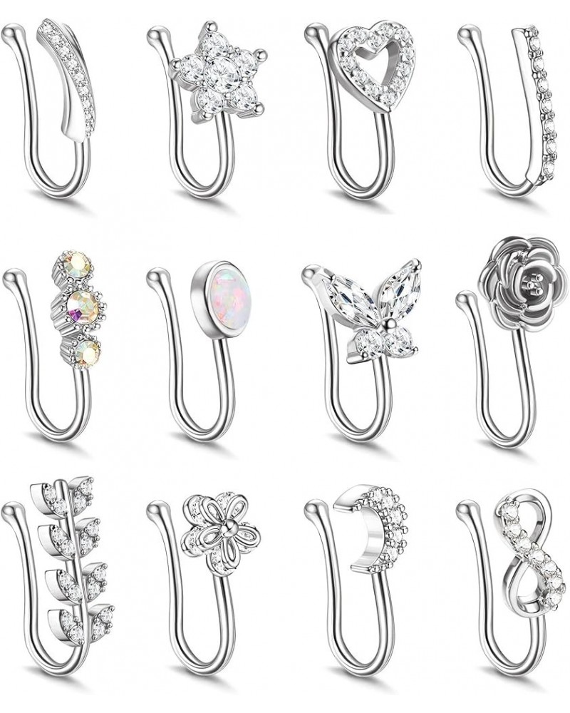 12Pcs Fake Nose Ring for Women Nose Cuffs Non Piercing Jewelry CZ Opal Butterfly Moon Heart Flower Clip On Nose Ring Adjustab...