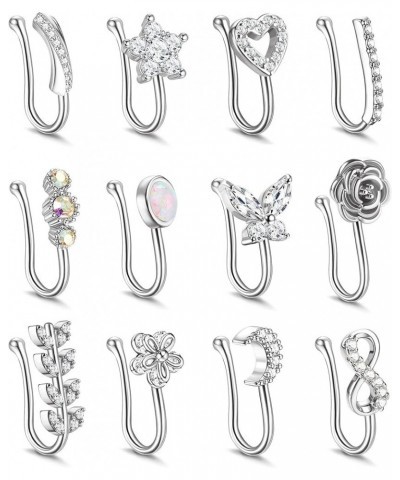 12Pcs Fake Nose Ring for Women Nose Cuffs Non Piercing Jewelry CZ Opal Butterfly Moon Heart Flower Clip On Nose Ring Adjustab...