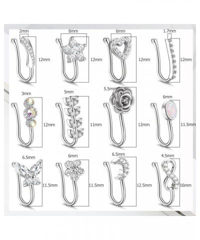 12Pcs Fake Nose Ring for Women Nose Cuffs Non Piercing Jewelry CZ Opal Butterfly Moon Heart Flower Clip On Nose Ring Adjustab...