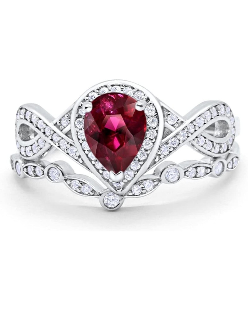 Teardrop Bridal Set Art Deco Wedding Engagement Ring Band 925 Sterling Silver Pear Round CZ Simulated Ruby CZ $19.50 Sets