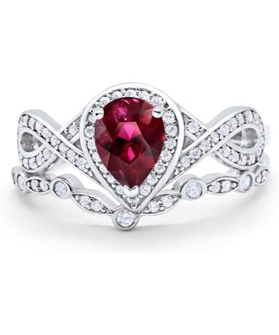 Teardrop Bridal Set Art Deco Wedding Engagement Ring Band 925 Sterling Silver Pear Round CZ Simulated Ruby CZ $19.50 Sets