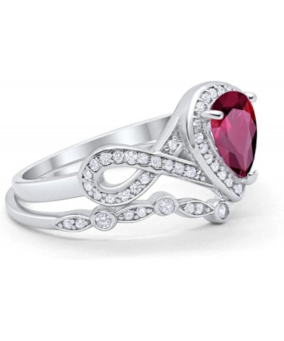 Teardrop Bridal Set Art Deco Wedding Engagement Ring Band 925 Sterling Silver Pear Round CZ Simulated Ruby CZ $19.50 Sets