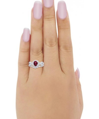 Teardrop Bridal Set Art Deco Wedding Engagement Ring Band 925 Sterling Silver Pear Round CZ Simulated Ruby CZ $19.50 Sets